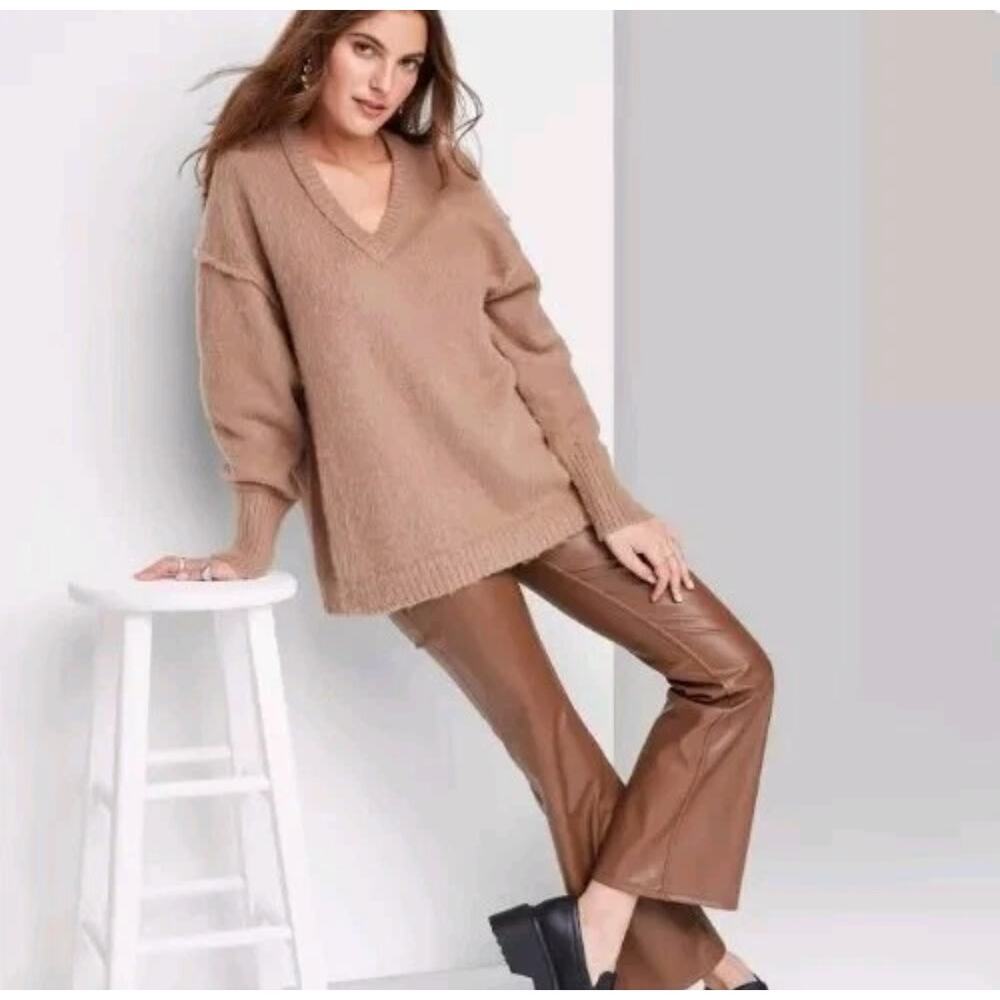 Women's V-Neck Fuzzy Oversized Pullover Sweater - Wild Fable Brown Size XXS